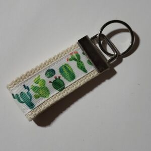 Green White Cactus print handmade Mini Key Fob, women's Keychain key holder